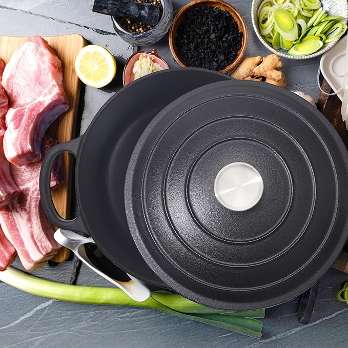 6 Quart Dutch Oven Enameled Cast Iron with Lid - Big Dual Handles - Oven Safe up to 500째F - Classic Round Pot for Versatile Cooking (Matte Black(No Enameled), 6 QT)