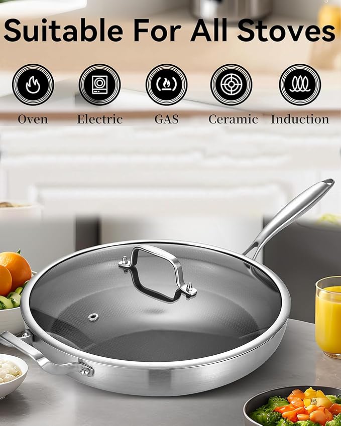 12 Inch Non-Stick Ceramic Stainless Steel Frying Pan - With Lid & Helper Handle, Induction Compatible Skillet, Dishwasher & Oven Safe Up to 600째F, Detachable Handle, Perfect for 4 People