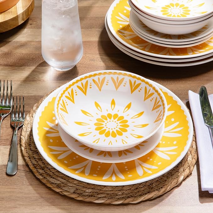 Larder & Vine 12-Piece Melamine Dinnerware Set: Durable, Lightweight, Break-Resistant Plates & Bowls ??Stylish, Non-Toxic, Dishwasher Safe ??Ideal for Everyday Use, Indoor & Outdoor Dining ??Floral