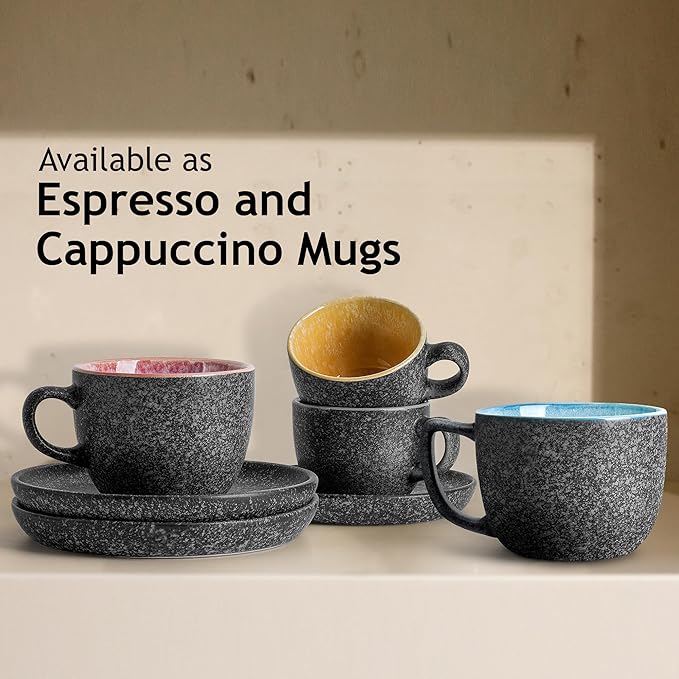 MIAMIO ??2.7 Oz Ceramic Stackable Espresso Cups with Saucers and Metal Stand, Set of 6 Espresso Cup, Demitasse Cups, Coffee Mugs for Espresso, Latte, Caf챕 Mocha & Tea ??Las Palmitas Collection