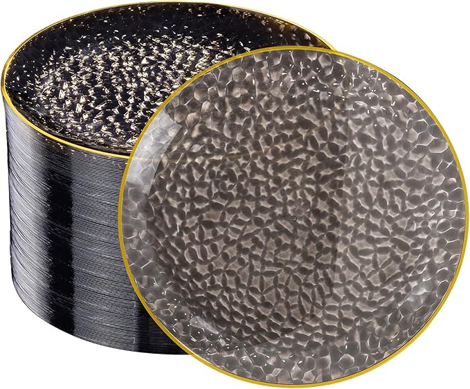 DaYammi 100 Pcs Black Gold Plastic Plates - 10 inch Clear Black Gold Dinner Plates - Hammer Pattern Design - Fancy Disposable Plate - Heavy Duty Party Plate Ideal for New Year Party and Wedding