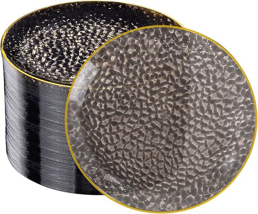 DaYammi 100 Pcs Black Gold Plastic Plates - 10 inch Clear Black Gold Dinner Plates - Hammer Pattern Design - Fancy Disposable Plate - Heavy Duty Party Plate Ideal for New Year Party and Wedding