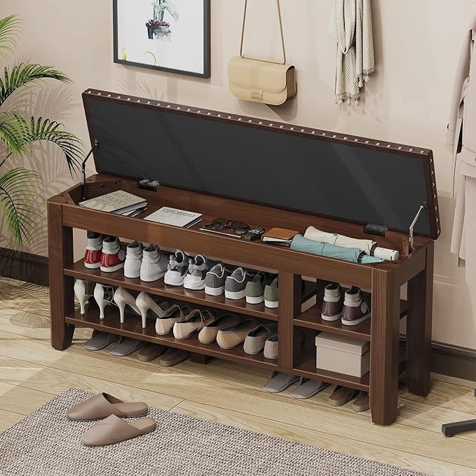 Shoe Bench for Entryway, Solid Rubberwood Shoe Bench with Hidden Storage, Adjustable 2-Tier Shelves & Soft PU Leather Seat, Shoe Rack Durable Easy Assembly for Hallway or Bedroom - Brown, 47.28"