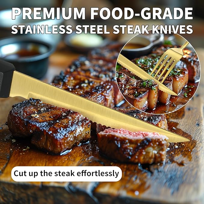 60-Piece Gold Silverware Set with Steak Knives Gold Stainless Steel Flatware Set for 10 Food Grade Tableware Cutlery Set Rust-proof, Mirror Polished, Dishwasher Safe
