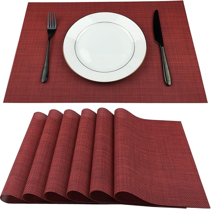 WAZAIGUR Placemats,Easy to Clean Crisscross Woven Vinyl Place Mats Durable Non-Slip Heat Resistant Table Mats,Placemats for Kitchen Table Set of 6,Red