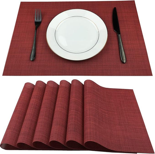 WAZAIGUR Placemats,Easy to Clean Crisscross Woven Vinyl Place Mats Durable Non-Slip Heat Resistant Table Mats,Placemats for Kitchen Table Set of 6,Red
