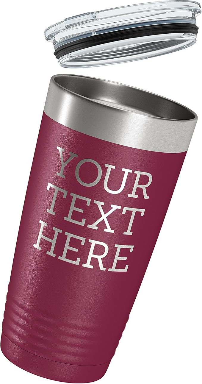 Personalized 20oz (17 Colors) Powder Coated Insulated Stainless Steel Tumbler with Lid, Custom Etched, Customized Text Message Name, Engraved Gift Idea Women Men Him Her, Your Text Here (Maroon)