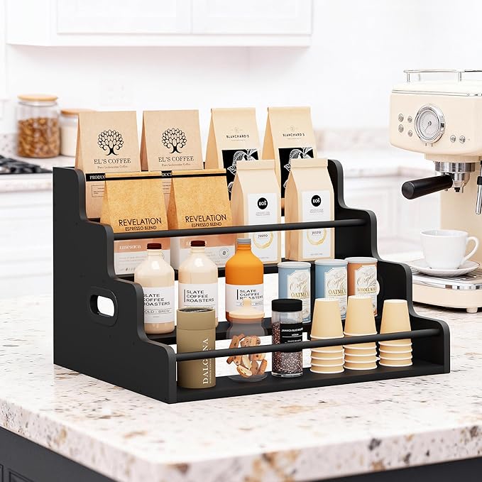 19.6?쓂 x 15.74" D x 12.5" H Inches Versatile 4-Step Coffee Syrup & Water Bottle Organizer Rack Multi-Functional Retro Display Shelf for Kitchen or Bar, Holds Liquor & Spirits, Black