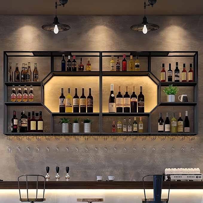 94 Inch Metal Wall-Mounted Wine Rack & Liquor Shelf, 5-Tier Large Bar Shelves for Liquor Bottles with Glass Holder, Alcohol Shelf for Home Bar & Dining Room, Black(Left+Right, No Lights)