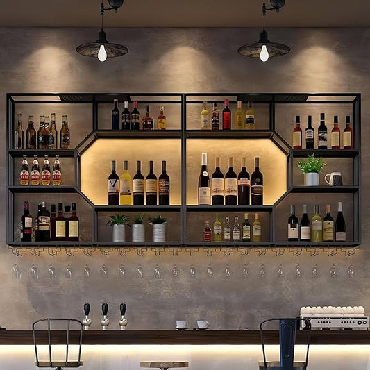 47 Inch Metal Wall-Mounted Wine Rack & Liquor Shelf, 5-Tier Large Bar Shelves for Liquor Bottles with Glass Holder, Alcohol Shelf for Home Bar & Dining Room, Black(Right, No Lights)