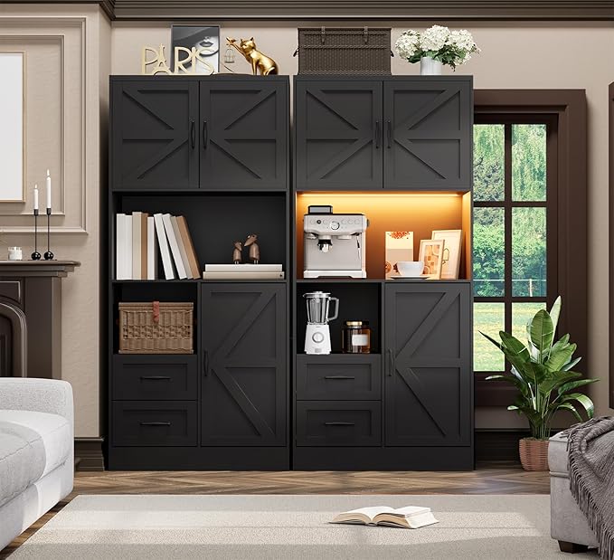Kitchen Pantry Storage Cabinet with LED Lights and Power Strip, Tall Farmhouse Kitchen Pantry with Barn Doors and Drawers, Adjustable Shelves for Dining Living Room (Black)