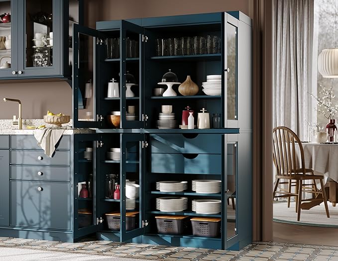 Palace Imports 100% Solid Wood 48.5" Pantry China Cabinet with Clear Glass Doors, 2-Drawers and Adjustable Shelves (Teal Blue)