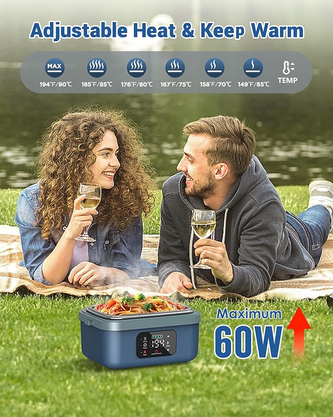 VASG Heated Lunch Box for Adults, 16000mAh Cordless Rechargeable Electric Lunch Box with 1L Stainless Steel Container, Portable Self-Heating Food Warmer for Work, Construction, Office & Travel