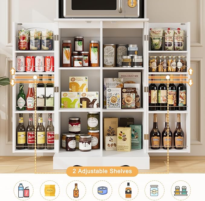 HOSTACK 71'' Pantry Cabinet, Tall Storage Cabinet with Microwave Stand, Freestanding Kitchen Hutch with Doors and Adjustable Shelves, Mordern Food Pantry for Kitchen, Dining Room, White