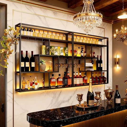 59.1in Wall Mounted Wine Rack, 4 Tier Wall Mount Bottle Rack with Glass Holder, Industrial Metal Floating Bar Liquor Bottles Display Storage Shelf for Dining Room, Kitchen (Black, A,59.1in)