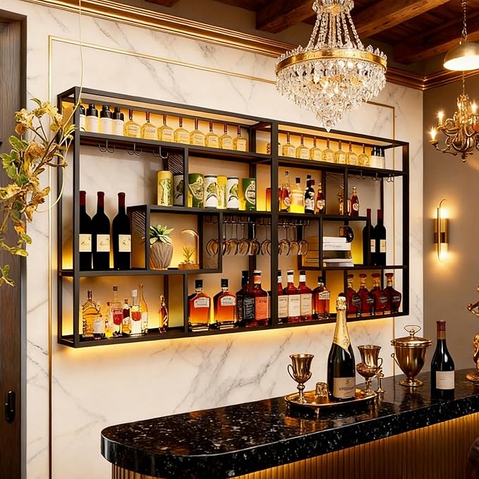 47.2in Large Wall Mounted Wine Rack, 4 Tier Wall Mount Bottle Rack with Glass Holder, Industrial Metal Floating Bar Liquor Bottles Display Storage Shelf for Dining Room, Kitchen (Black, B,47.2in)