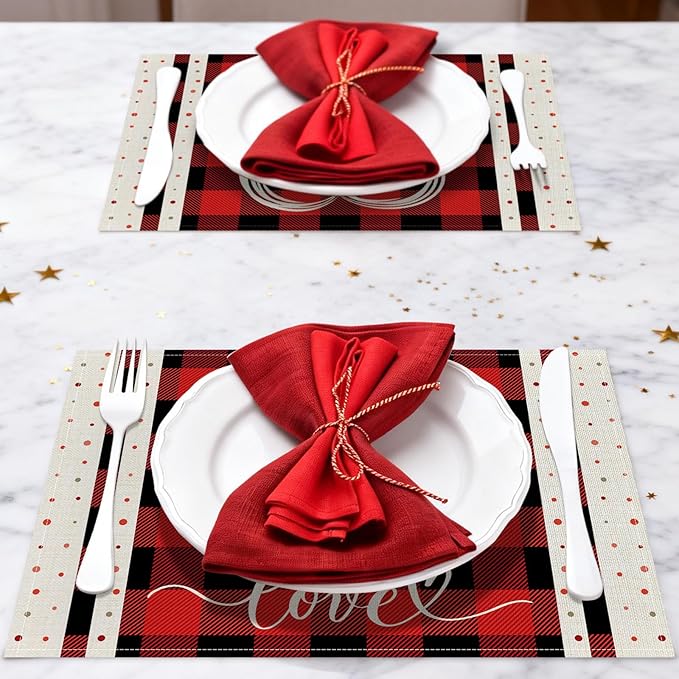 Valentine Placemats Set of 4, 12x18 Inch Buffalo Plaid Love Hearts Table Mats, Seasonal Anniversary Holiday Valentines Day Table Decorations for Kitchen Dining Home Party Decor