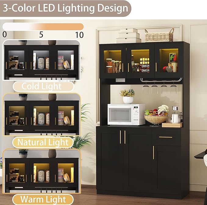 Kitchen Pantry Cabinet with Hutch: 71" Black Tall Kitchen Pantry Storage Cabinet with Drawers, 3 Glass Doors, Countertop, Hutch with Microwave Shelf and Charging Station for Dining Room (Black)