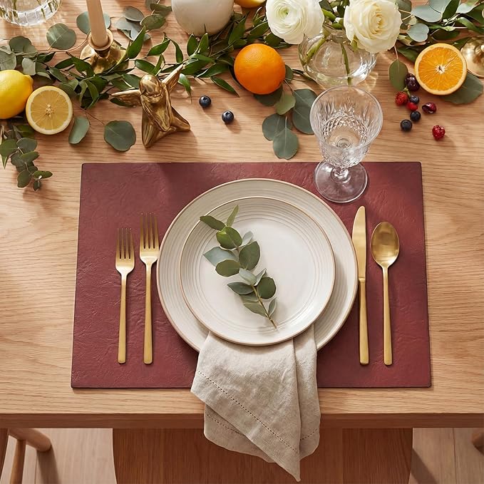 Artoid Mode Red Faux Leather Placemats Set of 4, 12x18 Inch Waterproof Wipeable Heat Resistant Place Mats, Reversible Table Mats for Christmas Kitchen Dining Decor