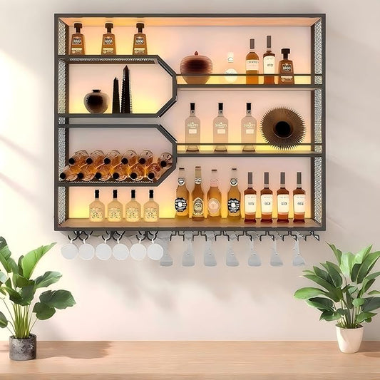 4-Tier Wine Rack Wall-Mounted & 47Inch Large Bar Shelf for Liquor Bottles, Black Metal Storage for Wine and Liquor Bottles in Home Bars or Dining Rooms (No Lighting, Right)