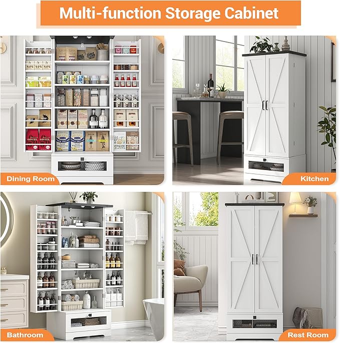 55" Pantry Storage Cabinet with Adjustable Shelvesand Drawer, Buffet Cupboard for Kitchen, LivingRoom, Bathroom, Dining Room