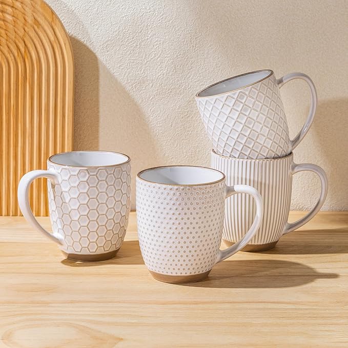 GBhome Large Coffee Mugs Set of 4, 16oz Handmade Embossed Coffee Mugs Set with Large Handle for Cappuccino/Latte/Tea/Hot Cocoa, Dishwasher & Microwave Safe, Off White