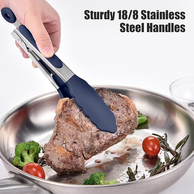 Doosu Kitchen Tongs for Cooking - 600째F Heat Resistant Food Tong with Non-Scratch Silicone Tips, Heavy Duty Stainless Steel Locking Tong for BBQ, Grilling Steak, Serving Salad Pasta (7in, Navy Blue)