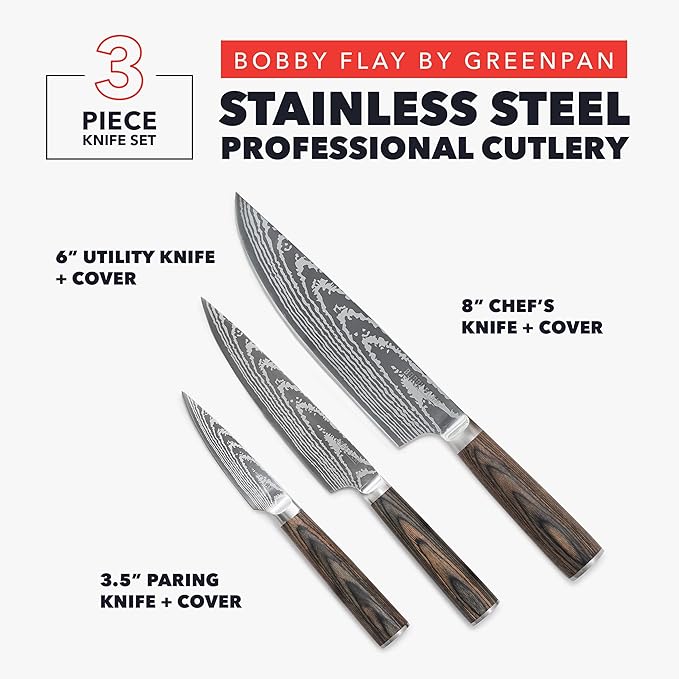 GreenPan x Bobby Flay 3 Piece Knife Set, Pairing Utility & Chef?셲 Knife, Premium Stainless Steel Blades, Precision Cutting Kitchen Tools, Hand Finished Ergonomic Wood Handle, Damascus Steel Design