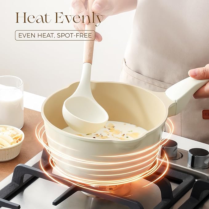 PRICUSIS Ceramic Nonstick Saucepan with Lid, 2.7 Quart Non Toxic Pot with Pour Spouts, Full Coated, 100% Dishwasher Safe, Induction Compatible & Oven Safe, PTFE PFAS & PFOA Free, Coconut White