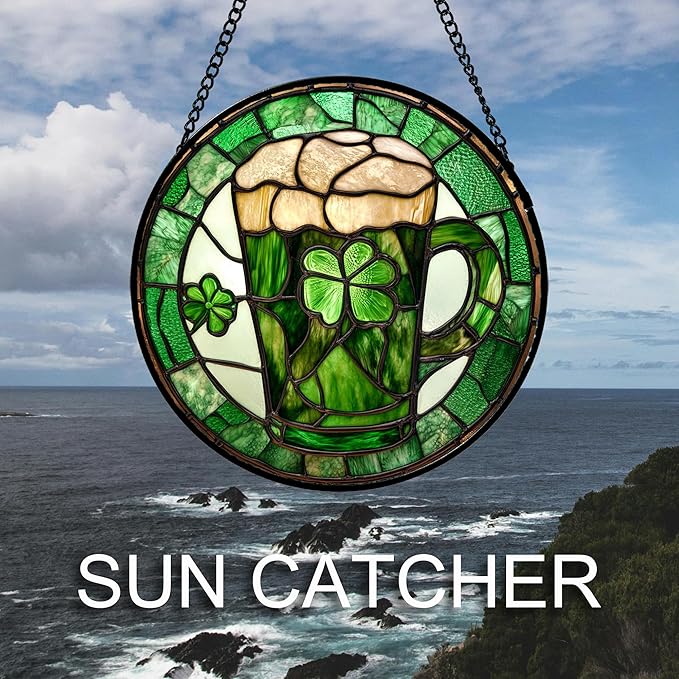 Stained Glass Window Hanging Green Clover St. Patrick's Day 7.8" - Suncatcher Door Garden Sun Catcher Irish Decoration Birthday Christmas for Woman Nana Friend Men