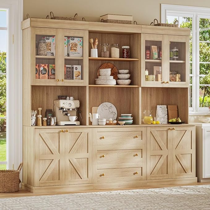 71" Farmhouse Kitchen Pantry, Rustic Brown Freestanding Coffee Bar Hutch with Microwave Stand, Storage Cabinet with Glass Doors, Drawers & Adjustable Shelves for Living Room or Kitchen, Set of 3