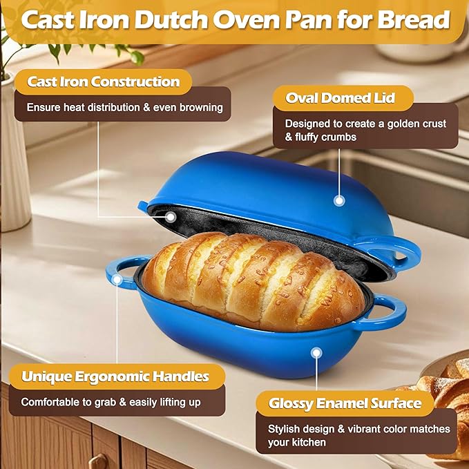 Homikit Enameled Cast Iron Dutch Oven for Bread Baking, 2.8 QT Oval Bread Oven Pot with Lid, Sourdough Loaf Iron Dutch Oven Pan for Roasting Cooking, Blue & Heavy Duty