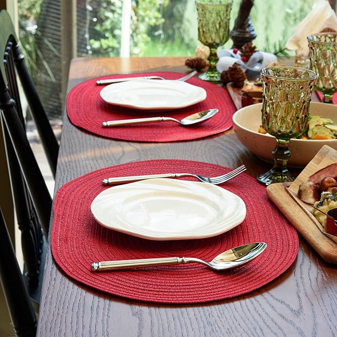 Noctiflorous Oval Braided Placemats Set of 8 Woven 12x18 Inch Non Slip Washable Heat Resistant Place Mats Round Tablemats for Dining Kitchen Party Daily Table Decor Dinner Mats (Red, 8)