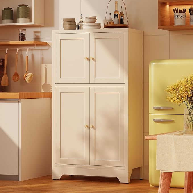 43" H Metal White Pantry Cabinets with Doors,Small Kitchen Pantry Cabinet,Small Storage Cabinets,Food Pantry Cabinet with 4 Doors and Shelves for Kitchen and Dining Room