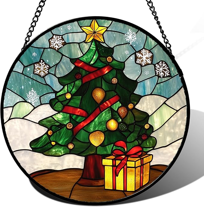 Stained Glass Window Hanging Green Christmas Tree Snowflake 7.8" - Suncatcher Door Garden Sun Catcher Xmas Holiday Decor Birthday for Mom Men Woman Friend Nana