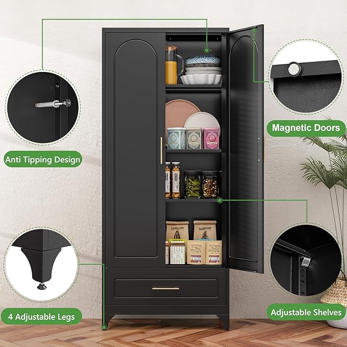 75??Kitchen Pantry Storage Cabinet,Metal Tall Storage Cabinet with Drawers and Adjustable Shelves,Modern Kitchen Hutch Cabinets,Freestanding Cupboard for Dining Room