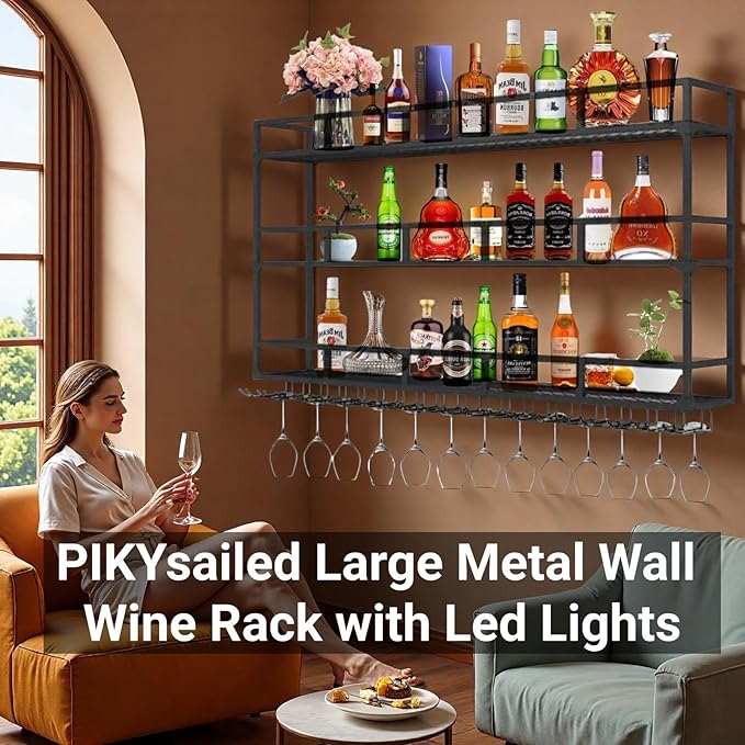 47 Inch Metal Wine Rack Wall Mounted, Bar Shelves Wall Mounted with LED Light, Large 3-Tier Liquor Bar Display Shelf with Wine Glasses for Home Bars, Dining Room & Kitchen, Black