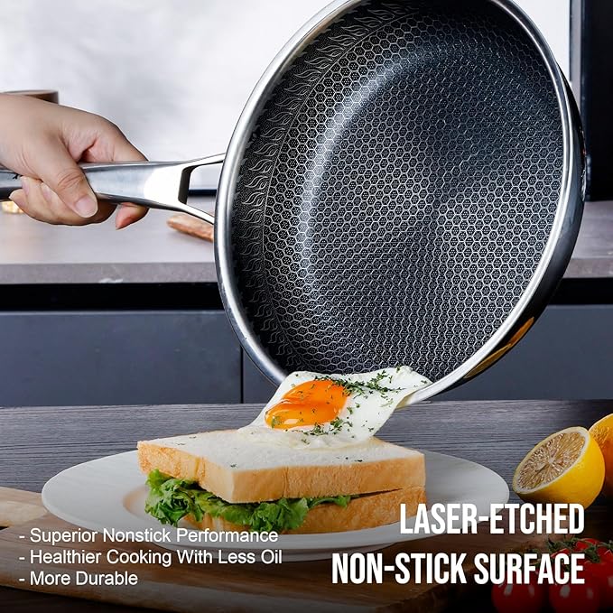 10 Inch Hybrid Nonstick Frying Pan, Stainless Steel Pan Non Stick Skillet, PFOA Free Cookware, Non Toxic Chef's Pan, Compatible with Electric, Gas and Induction, No Lid