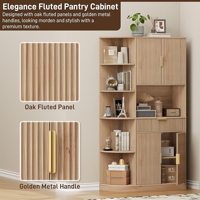 Vabches Kitchen Pantry Cabinet with 5 Side-Opening Storage cabinets, Pull Out Drawers, 2 Fluted Doors and Adjustable Shelves, Wood Hutch Cabinet with Storage for Kitchen, Dining Room and Living Room