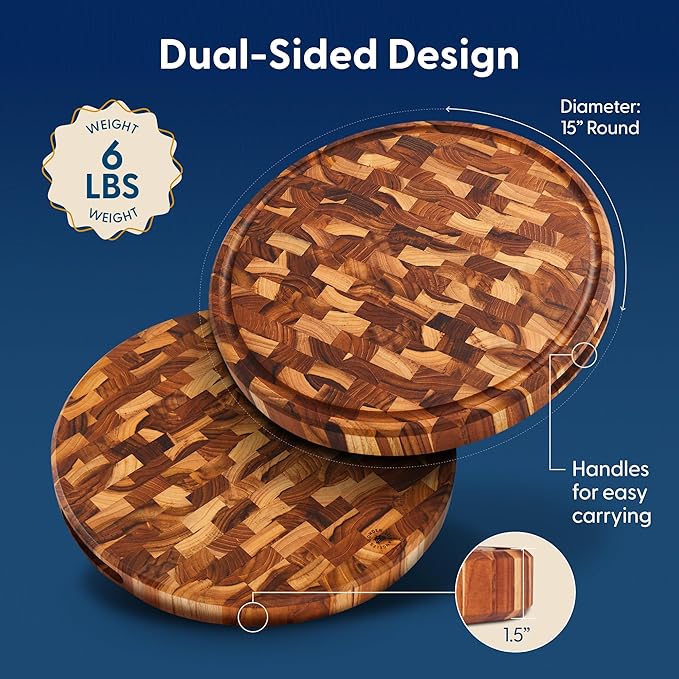 Sonder Los Angeles Vincent Round Cutting Board | Teak Edge Grain Cutting Board for Kitchen with Juice Groove | Perfect for Pizza & Charcuterie | Gift Box Included | 15x15x1.5 in