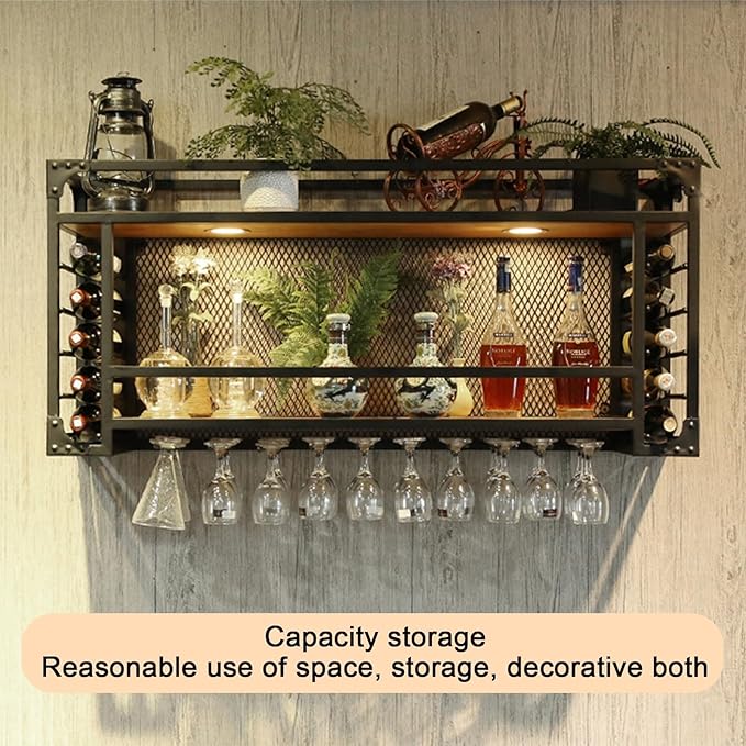 55.1in Wall Mounted Wine Racks, Hanging Wine Rack, Large Capacity Wine Holder, Can Hanging Or Wall Mounted, Simple Type with Light Wine Rack for Bar, Restaurant, Indoor (BLACK, 55.1 * 11.8 * 21.6in)