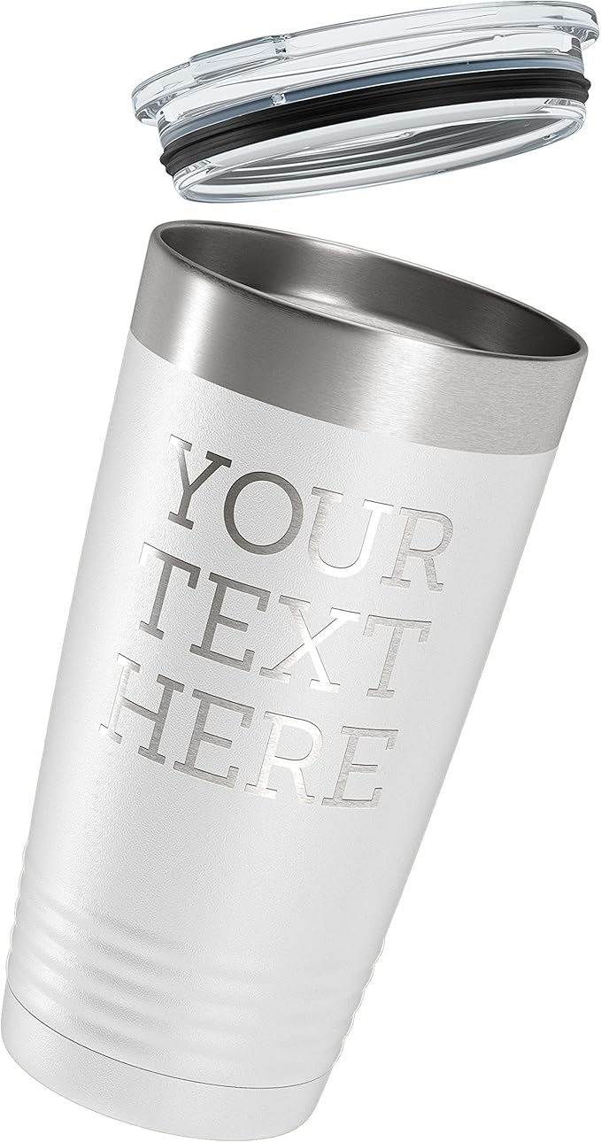 Personalized 20oz (17 Colors) Powder Coated Insulated Stainless Steel Tumbler with Lid, Custom Etched, Customized Text Message Name, Engraved Gift Idea Women Men Him Her, Your Text Here (White)