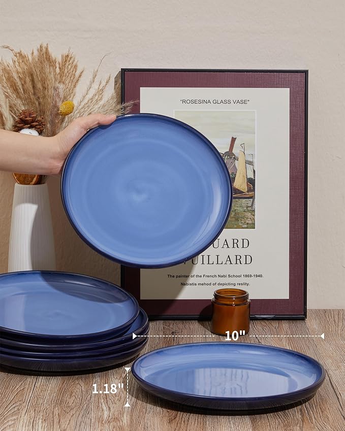 Dinner Plates for 6, 10 Inches Plate Set, Scratch Resistant, Large Stoneware Dinnerware, Kitchen Modern Rustic Serving Dishes, Light Blue