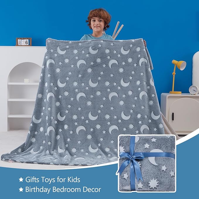 QSTEHEML Moon Glow in The Dark Blanket,Star Gifts Toys for Kids Boy Birthday Christmas Bedroom Decor for Age 3-12 Years Old Toddler Teens Child Grandkids Soft Luminous Blanket 50"횞60"