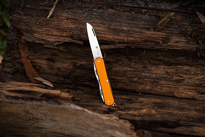 Fox Knives Vulpis FX-VP130-F4 Slipjoint Folding Knife 4-in-1 Multitool 2.17in Blade, Bottle Opener, Can Opener, Flat Head Screwdriver, Scissors - Compact Versatile Minimalist Pocket Knife (Orange)