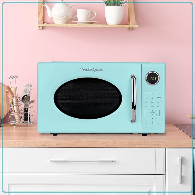 Nostalgia Retro 1000W Microwave Oven 1.1 Cu Ft Capacity ??Child Safety Lock, 8 Auto-Cook Settings ??Countertop Kitchen Appliance ??Aqua