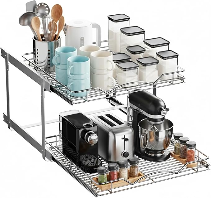 HOLDN??STORAGE Two Tier Pull Out Cabinet Organizer, Individual Sliding Drawers - Heavy Duty Metal with Lifetime Limited Warranty - Anti Rust Chrome Finish - 22" W x 21?쒭 x 16.5" H