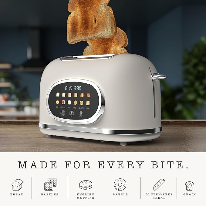 Rae Dunn Retro Digital Electric Toaster, 2 Slice Stainless Steel Toaster With Touchscreen, Countdown Timer, 6 Shade Settings, Wide Slots, High Lift Lever, Bagel, Defrost & Reheat, Digital Cream