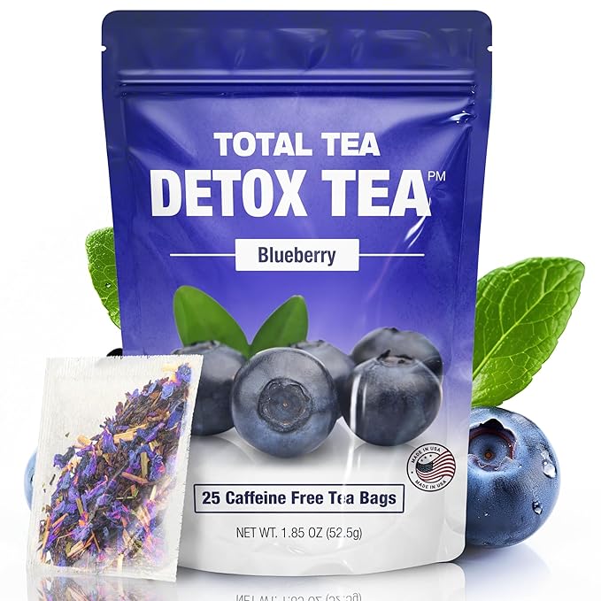 Total Tea SIimming Detox Tea Caffeine Free - 25 Day Detox - Herbal Tea with Chamomile, Hibiscus Tea & Ginger Root for Colon Cleanse ??Natural Bluebberry Fruit Tea