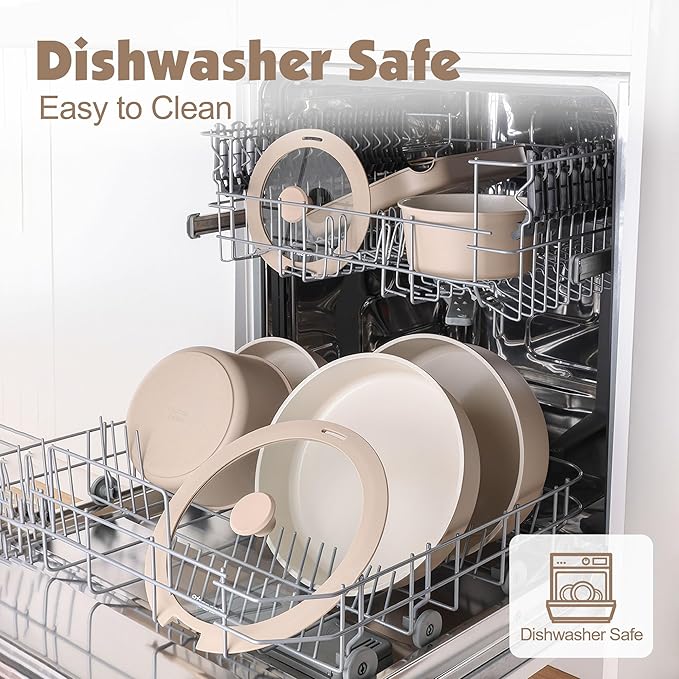 SENSARTE 24 Piece Ceramic Pots and Pans Set, Nonstick Detachable Handle Cookware, Induction Cookware Set with Removable Handle, Healthy Non Stick for RV, Dishwasher竊냀ven Safe, PFOA Free (Almond Beige)